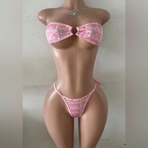 NWOT Sexy Skimpy Stripper Barbie Print Bandeau Top Y-String Thong Bottom Bikini